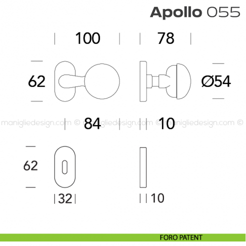 Pomolo per porta girevole 055 Apollo Reguitti con rosetta ovale a pressione foro patent