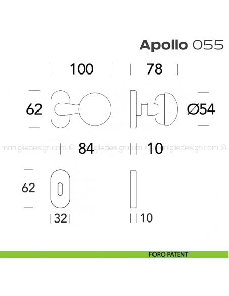 Pomolo per porta girevole 055 Apollo Reguitti con rosetta ovale a pressione foro patent