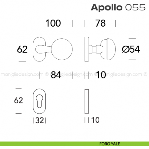 Pomolo per porta girevole 055 Apollo Reguitti con rosetta ovale a pressione foro yale