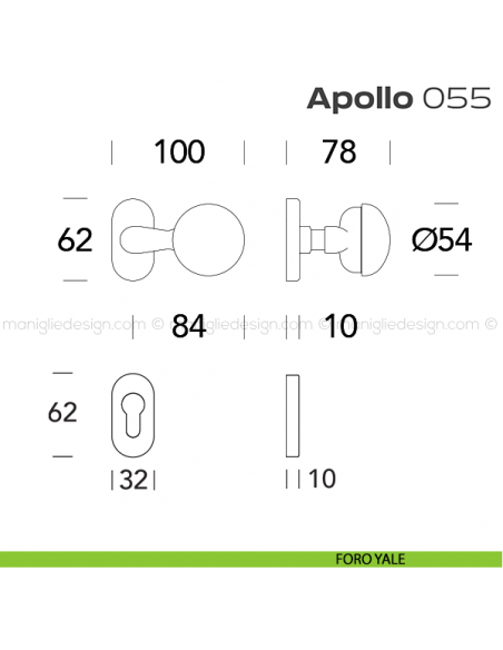 Pomolo per porta girevole 055 Apollo Reguitti con rosetta ovale a pressione foro yale