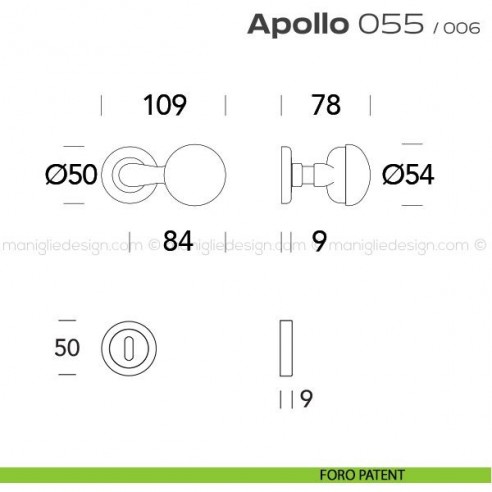 Pomolo per porta girevole 055 Apollo Reguitti con rosetta tonda ad avvitare foro patent