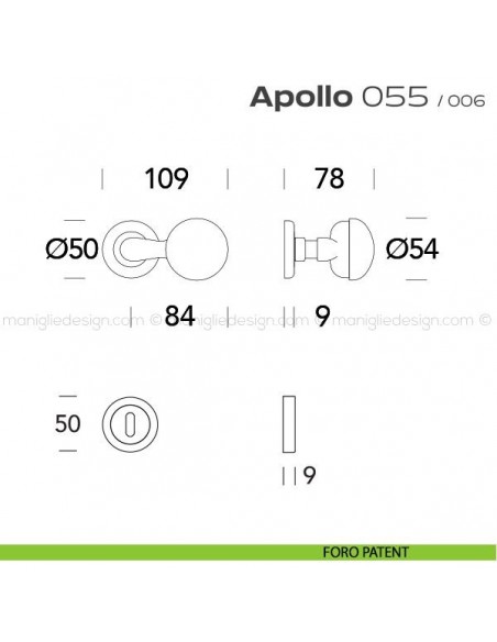 Pomolo per porta girevole 055 Apollo Reguitti con rosetta tonda ad avvitare foro patent