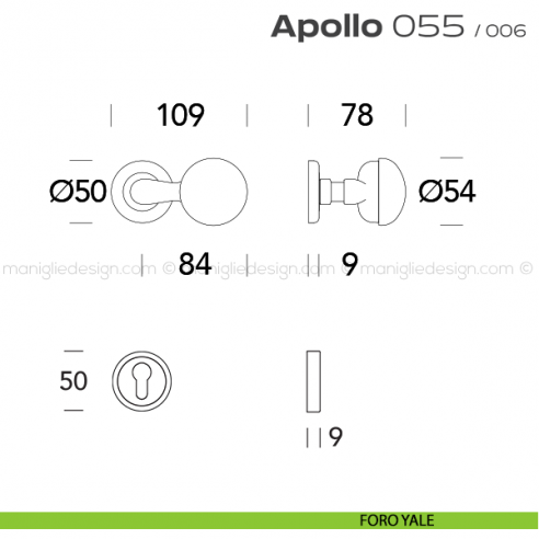 Pomolo per porta girevole 055 Apollo Reguitti con rosetta tonda ad avvitare foro yale