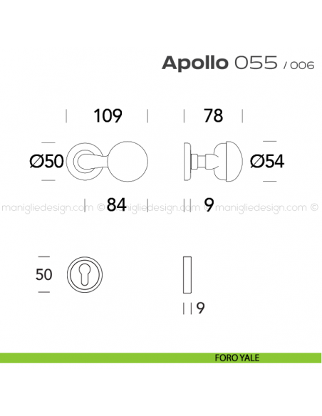Pomolo per porta girevole 055 Apollo Reguitti con rosetta tonda ad avvitare foro yale