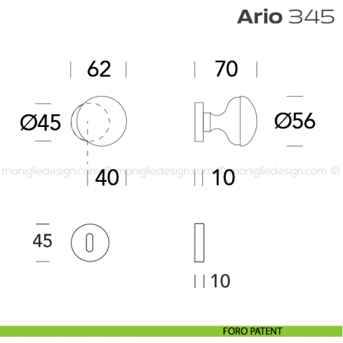 Pomolo per porta girevole 345 Ario Reguitti con rosetta tonda foro patent