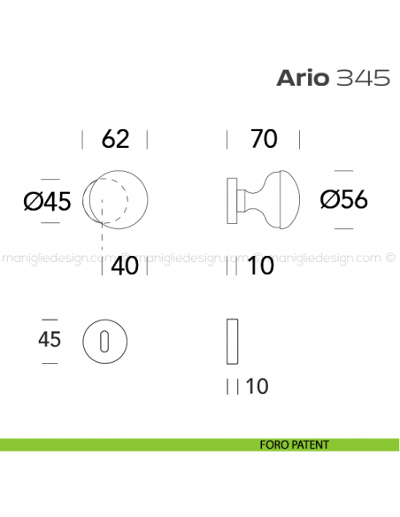 Pomolo per porta girevole 345 Ario Reguitti con rosetta tonda foro patent