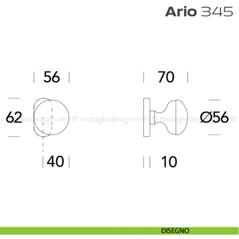Pomolo per porta fisso 345 Ario Reguitti con rosetta ovale disegno