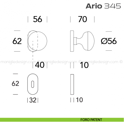 Pomolo per porta girevole 345 Ario Reguitti con rosetta ovale foro patent