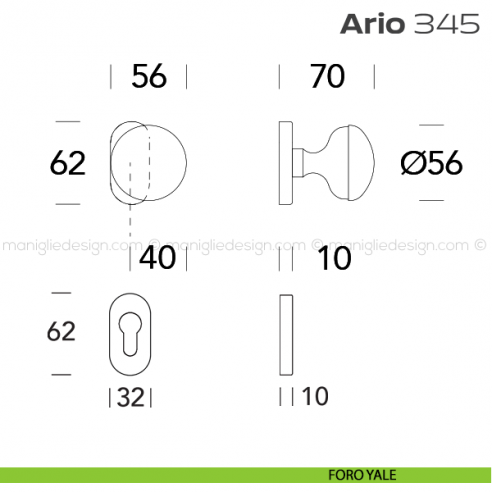 Pomolo per porta girevole 345 Ario Reguitti con rosetta ovale foro yale