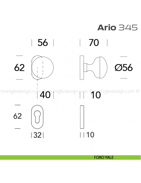 Pomolo per porta girevole 345 Ario Reguitti con rosetta ovale foro yale