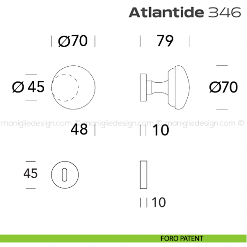 Pomolo per porta girevole 346 Atlantide Reguitti con rosetta tonda foro patent