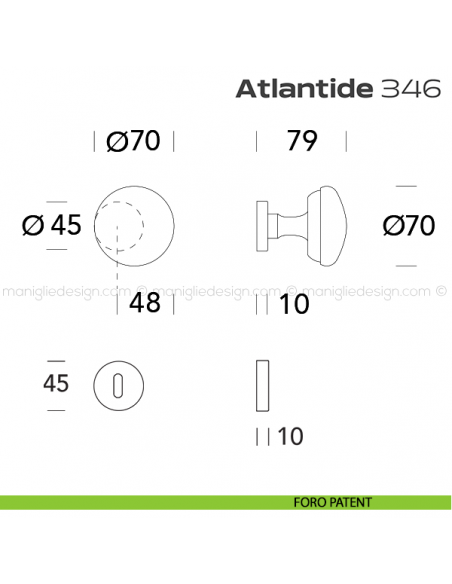 Pomolo per porta girevole 346 Atlantide Reguitti con rosetta tonda foro patent