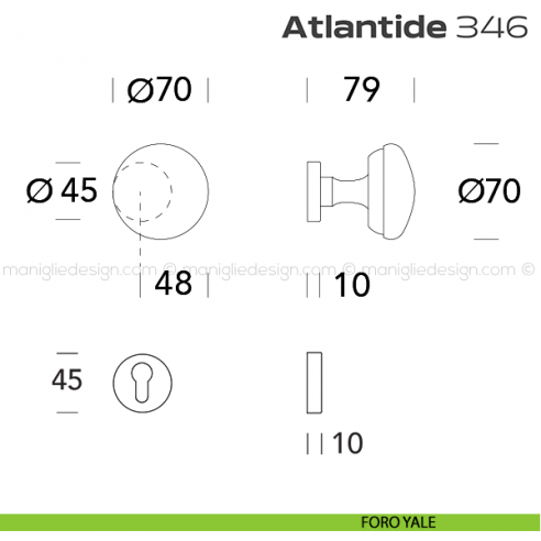Pomolo per porta girevole 346 Atlantide Reguitti con rosetta tonda foro yale