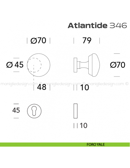 Pomolo per porta girevole 346 Atlantide Reguitti con rosetta tonda foro yale
