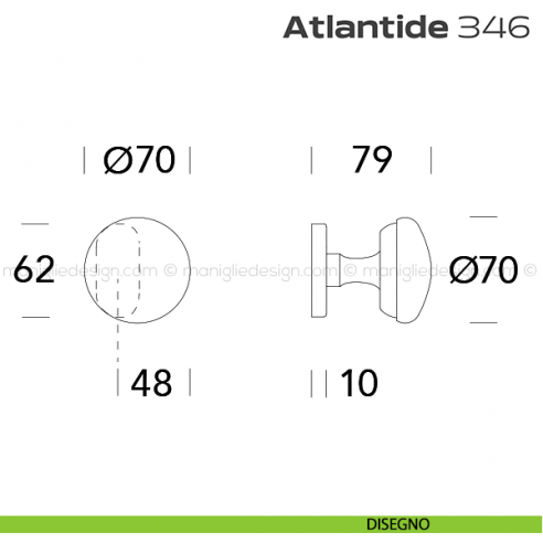 Pomolo per porta fisso 346 Atlantide Reguitti con rosetta ovale disegno