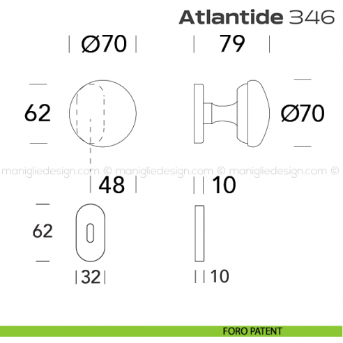 Pomolo per porta girevole 346 Atlantide Reguitti con rosetta ovale foro patent