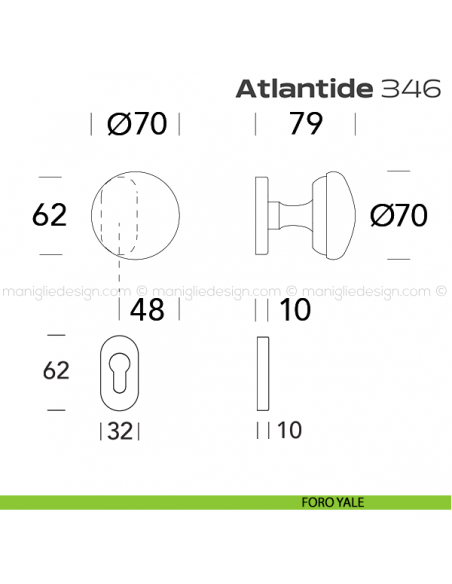 Pomolo per porta girevole 346 Atlantide Reguitti con rosetta ovale foro yale