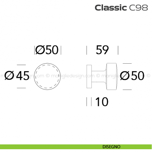 Pomolo per porta fisso C98 Classic Reguitti con rosetta tonda disegno