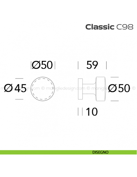 Pomolo per porta fisso C98 Classic Reguitti con rosetta tonda disegno