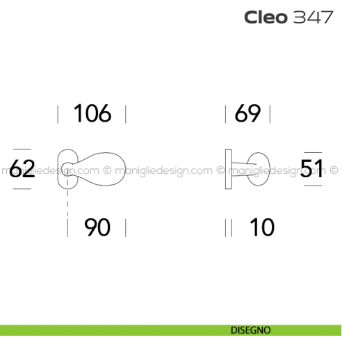 Pomolo per porta fisso 347 Cleo Reguitti con rosetta ovale disegno