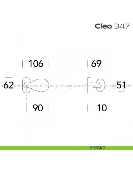 Pomolo per porta fisso 347 Cleo Reguitti con rosetta ovale disegno