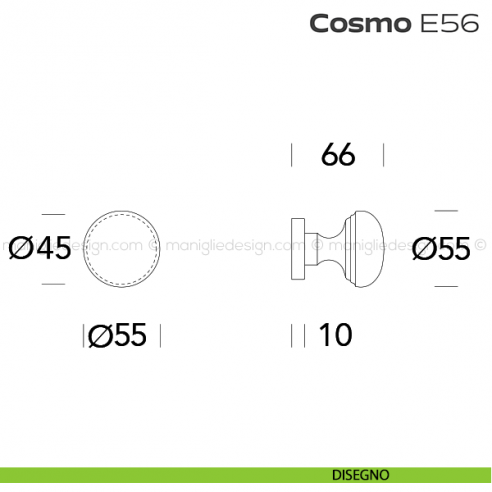Pomolo per porta fisso E56 Cosmo Reguitti diametro 55 mm rosetta tonda a pressione disegno