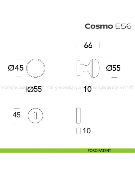 Pomolo per porta girevole E56 Cosmo Reguitti con rosetta tonda a pressione foro patent