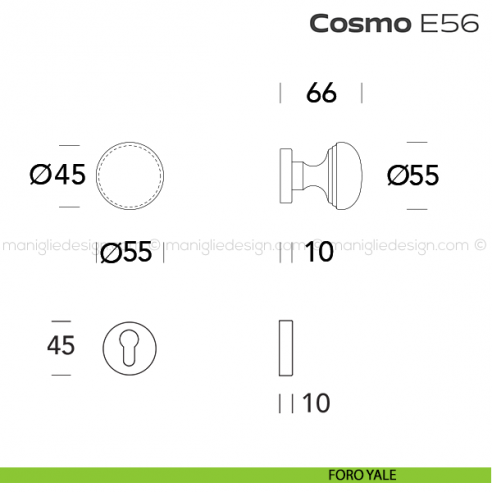 Pomolo per porta girevole E56 Cosmo Reguitti con rosetta tonda a pressione foro yale