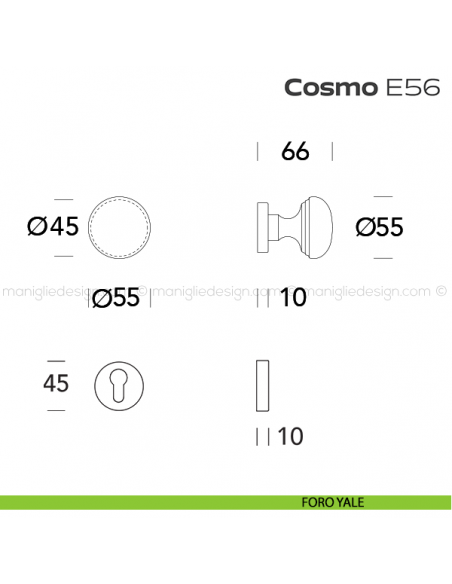Pomolo per porta girevole E56 Cosmo Reguitti con rosetta tonda a pressione foro yale