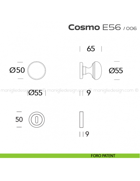 Pomolo per porta girevole E56 Cosmo Reguitti con rosetta tonda ad avvitare foro patent