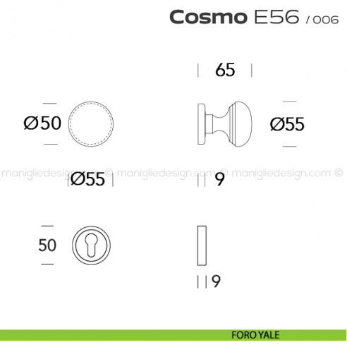 Pomolo per porta girevole E56 Cosmo Reguitti con rosetta tonda ad avvitare foro yale