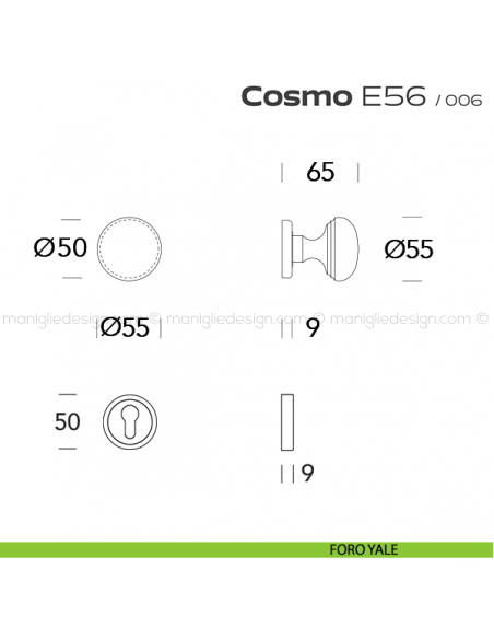 Pomolo per porta girevole E56 Cosmo Reguitti con rosetta tonda ad avvitare foro yale
