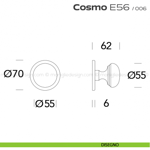 Pomolo per porta fisso E56 Cosmo Reguitti con rosetta diametro 70 mm disegno