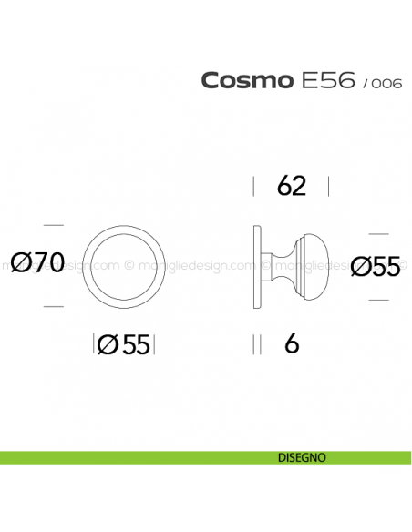 Pomolo per porta fisso E56 Cosmo Reguitti con rosetta diametro 70 mm disegno