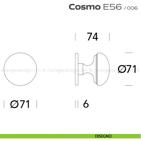 Pomolo per porta fisso E56 Cosmo Reguitti con rosetta diametro 71 mm disegno