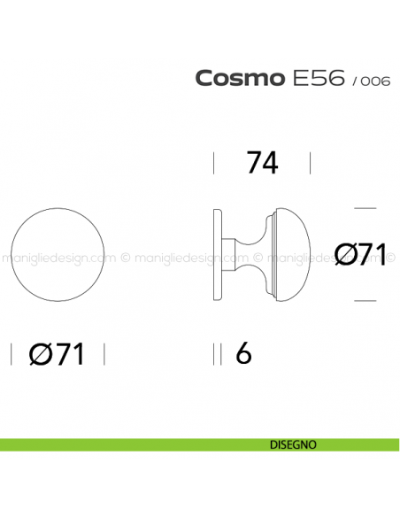 Pomolo per porta fisso E56 Cosmo Reguitti con rosetta diametro 71 mm disegno