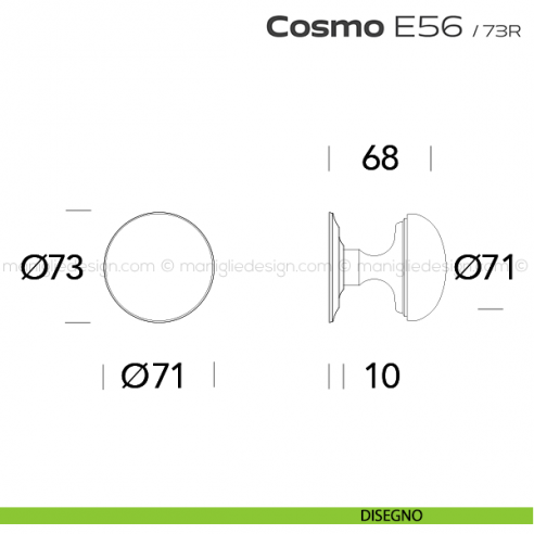 Pomolo fisso diametro 71 mm per porta E56 Cosmo Reguitti disegno
