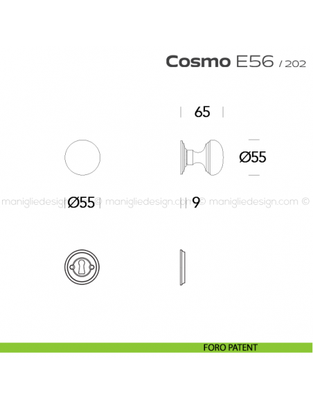Pomolo per porta girevole E56 Cosmo Reguitti con viti a vista foro patent
