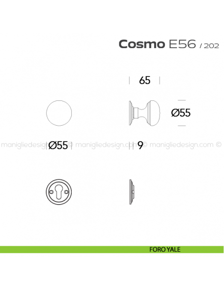 Pomolo per porta girevole E56 Cosmo Reguitti con viti a vista foro yale