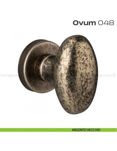 Pomolo ovale per porta fisso 048 Ovum Reguitti con rosetta tonda argento vecchio
