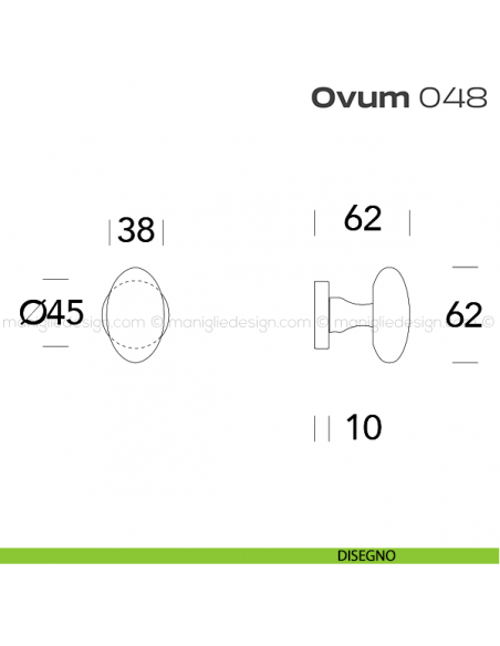Pomolo ovale per porta fisso 048 Ovum Reguitti con rosetta tonda disegno