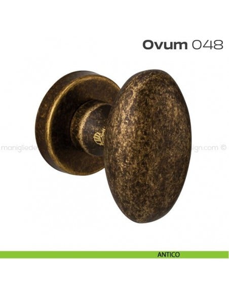 Pomolo ovale per porta girevole 048 Ovum Reguitti con rosetta tonda a pressione antico