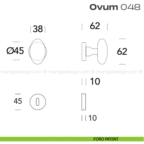 Pomolo ovale per porta girevole 048 Ovum Reguitti con rosetta tonda a pressione foro patent