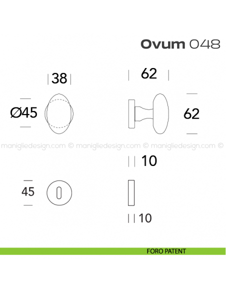 Pomolo ovale per porta girevole 048 Ovum Reguitti con rosetta tonda a pressione foro patent