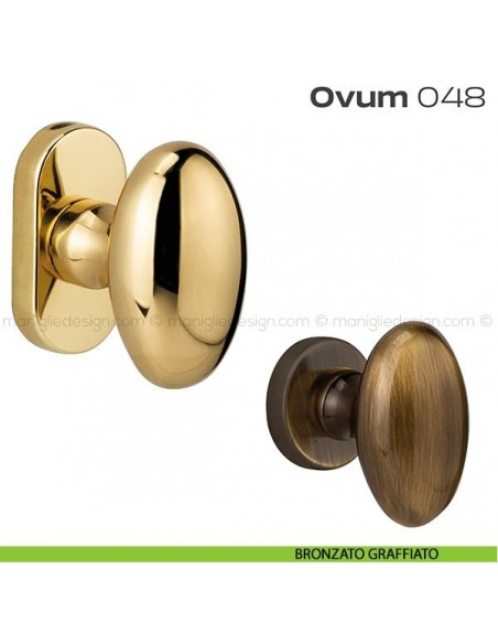 Pomolo ovale per porta fisso 048 Ovum Reguitti con rosetta ovale bronzato graffiato