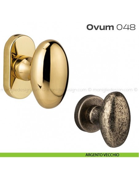 Pomolo ovale per porta fisso 048 Ovum Reguitti con rosetta ovale argento vecchio