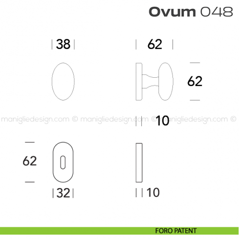 Pomolo ovale per porta girevole 048 Ovum Reguitti con rosetta ovale foro patent