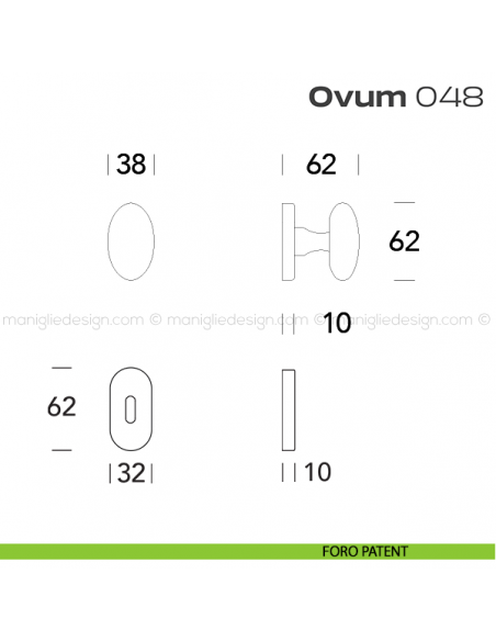 Pomolo ovale per porta girevole 048 Ovum Reguitti con rosetta ovale foro patent