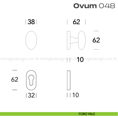 Pomolo ovale per porta girevole 048 Ovum Reguitti con rosetta ovale foro yale