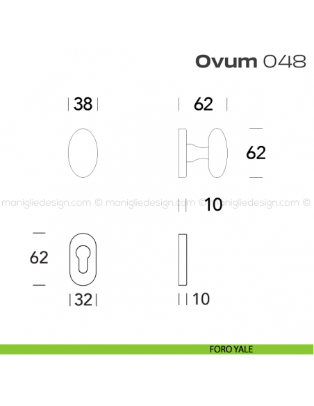 Pomolo ovale per porta girevole 048 Ovum Reguitti con rosetta ovale foro yale